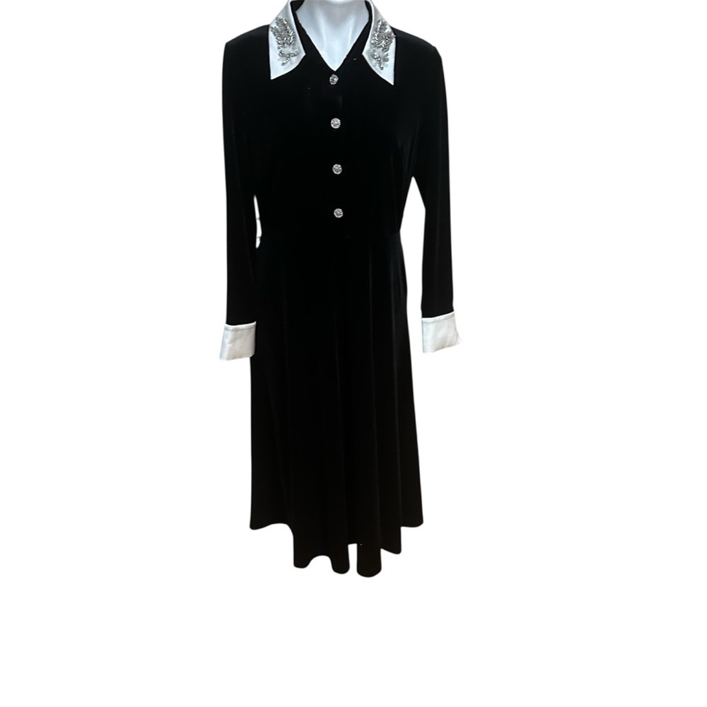 Elegant Black Velvet Dress with White Accents,
